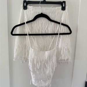 White Sequin Fringe Top and Skirt Set